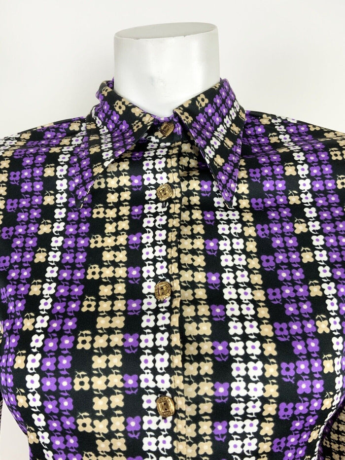 VINTAGE 60s 70s BLACK PURPLE WHITE BEIGE FLORAL PSYCHEDELIC DAISY SHIRT 10 12