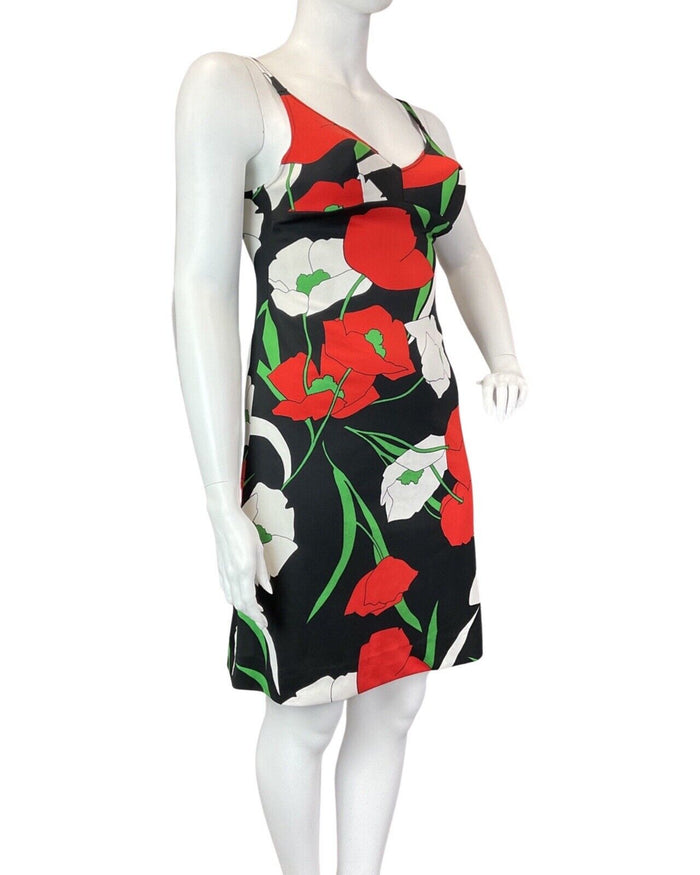 VINTAGE 60s 70s BLACK RED GREEN POPPY FLOWER STRAPPY SUN-DRESS 14