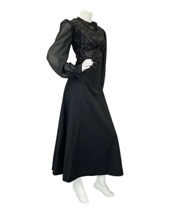 VINTAGE 60s 70s BLACK SILVER EMBROIDERED FLORAL EVENING GOWN MAXI DRESS 12