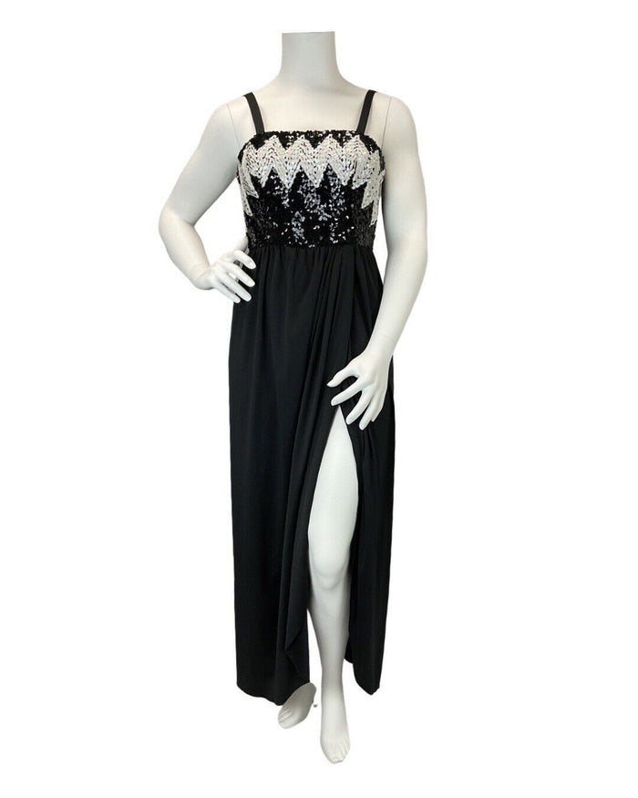 VINTAGE 60s 70s BLACK WHITE SEQUIN ZIG-ZAG STRAPPY DISCO STUDIO 54 MAXI DRESS 16