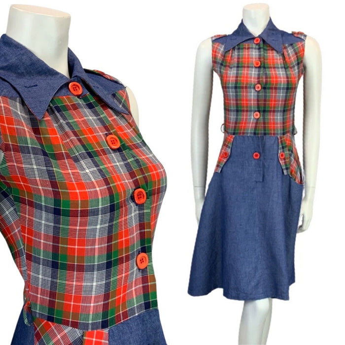 VINTAGE 60s 70s BLUE DENIM RED GREEN NAVY CHECKED BUTTON DOWN SHIRT MIDI DRESS 8