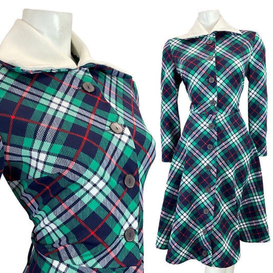 VINTAGE 60s 70s BLUE GREEN WHITE TARTAN CHECKED MOD WING COLLAR SHIRT DRESS 12