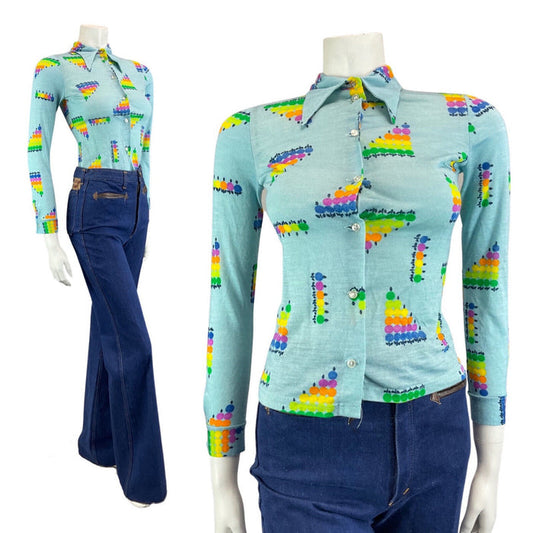 VINTAGE 60s 70s BLUE GREEN YELLOW GEOMETRIC DOTTY MOD DAGGER COLLAR SHIRT 4