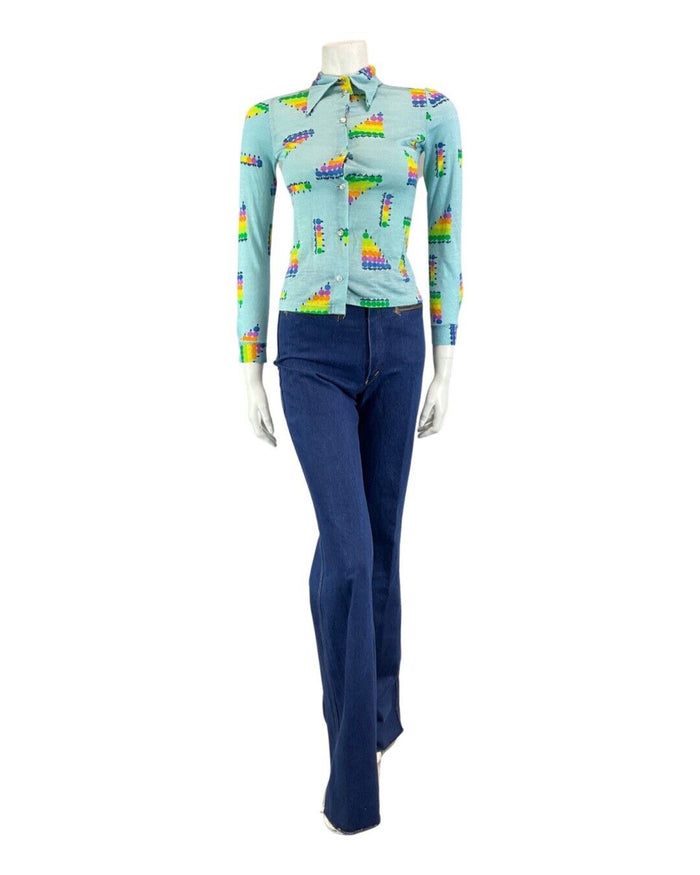 VINTAGE 60s 70s BLUE GREEN YELLOW GEOMETRIC DOTTY MOD DAGGER COLLAR SHIRT 4