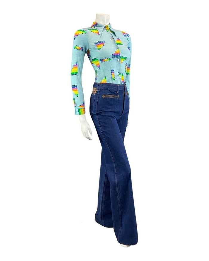 VINTAGE 60s 70s BLUE GREEN YELLOW GEOMETRIC DOTTY MOD DAGGER COLLAR SHIRT 4
