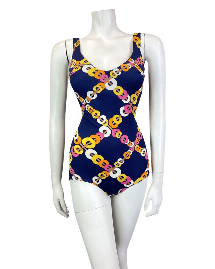VINTAGE 60s 70s BLUE ORANGE PINK CHAIN-LINK GEOMETRIC MOD SWIMSUIT BODYSUIT 8