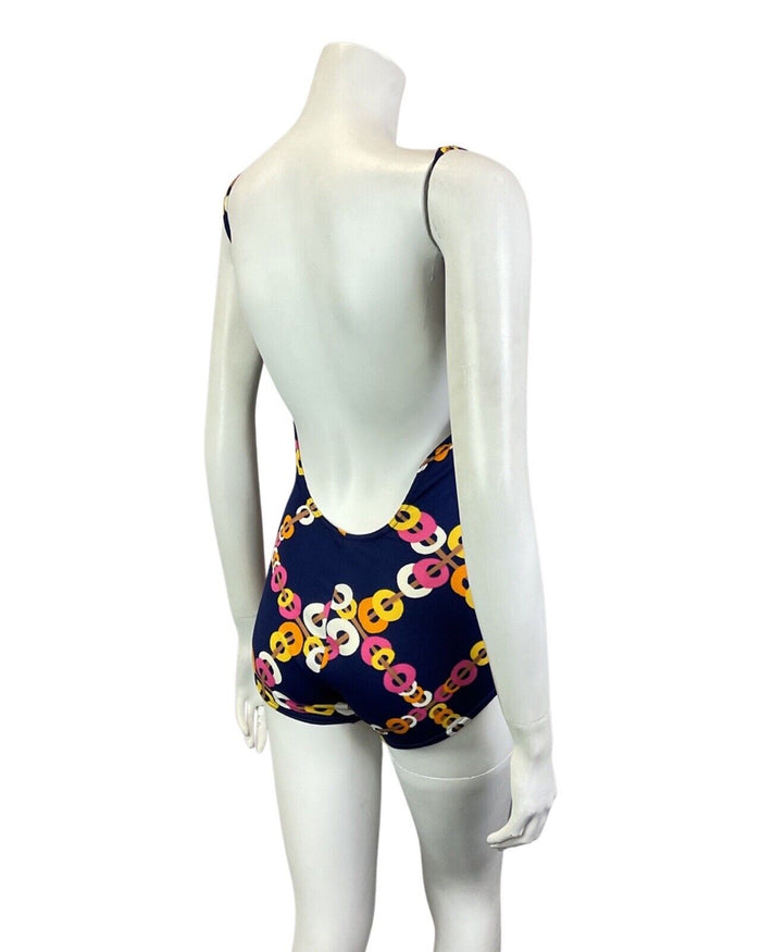 VINTAGE 60s 70s BLUE ORANGE PINK CHAIN-LINK GEOMETRIC MOD SWIMSUIT BODYSUIT 8