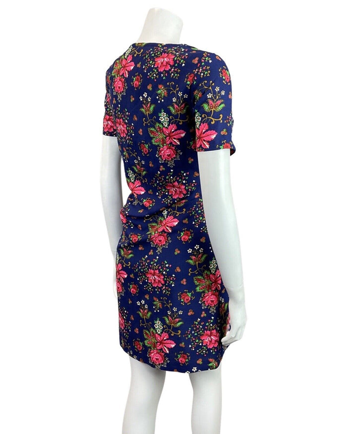 VINTAGE 60s 70s BLUE PINK GOLD GREEN FLORAL BOUQUET SWEETHEART SHORT DRESS 10