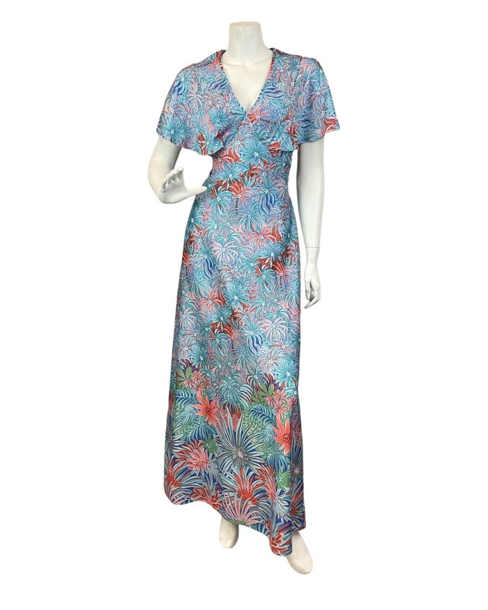 VINTAGE 60s 70s BLUE RED PEACH PSYCHEDELIC PALM LEAF FLORAL CAPED MAXI DRESS 14