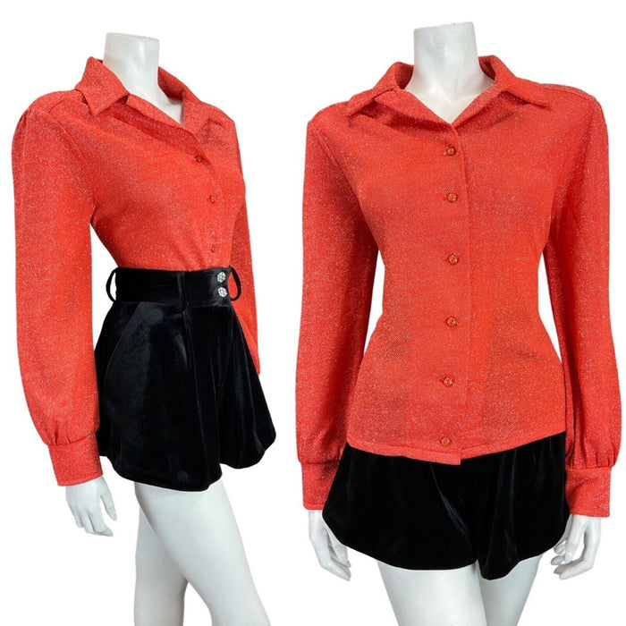 VINTAGE 60s 70s BRIGHT RED GLITTER DISCO LUREX DAGGER COLLAR SHIRT 12