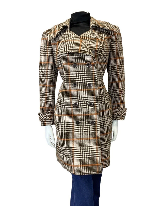 VINTAGE 60s 70s BROWN CREAM ORANGE GLEN CHECKED DOUBLE-BREASTED WOOL COAT 16 18