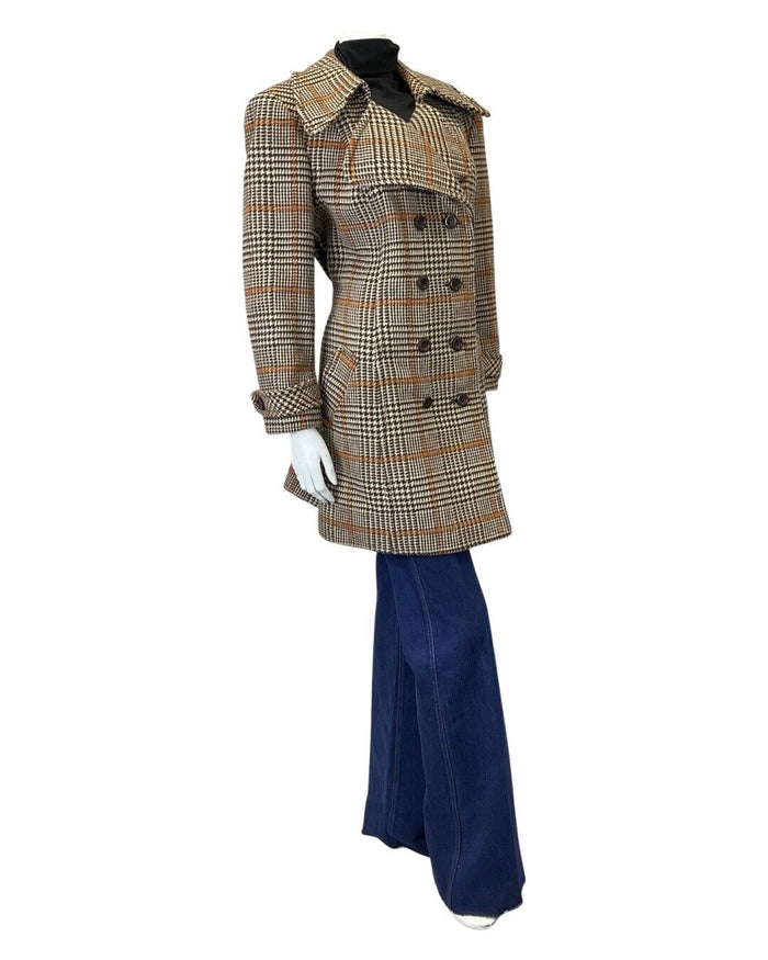 VINTAGE 60s 70s BROWN CREAM ORANGE GLEN CHECKED DOUBLE-BREASTED WOOL COAT 16 18