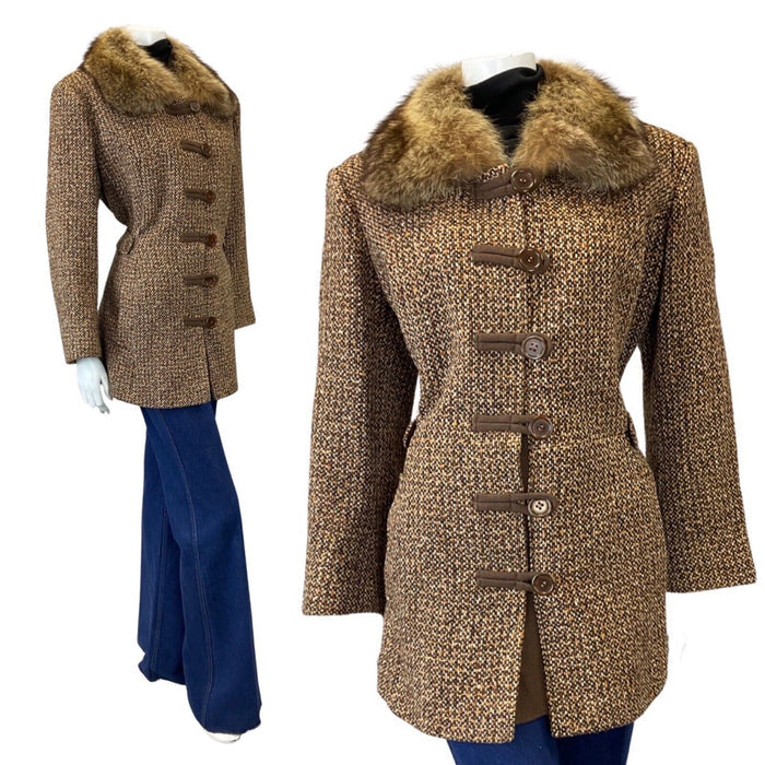 VINTAGE 60s 70s BROWN CREAM TWEED BOHO MOD SHORT WOOL COAT 16 18