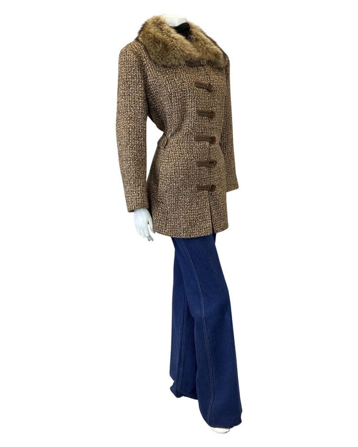 VINTAGE 60s 70s BROWN CREAM TWEED BOHO MOD SHORT WOOL COAT 16 18