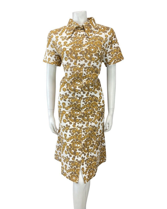 VINTAGE 60s 70s BROWN GOLD WHITE FLORAL LEAFY SPOON COLLAR MOD SHIRT DRESS 14 16