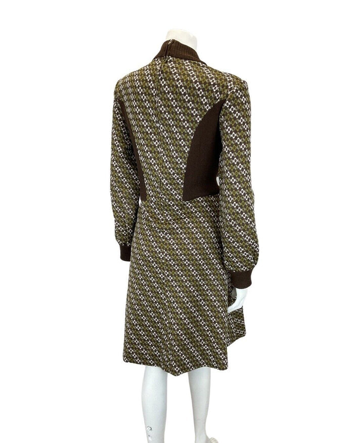 VINTAGE 60s 70s BROWN GREEN DAISY FLOWER STRIPED KNITTED LONGSLEEVE DRESS 14 16