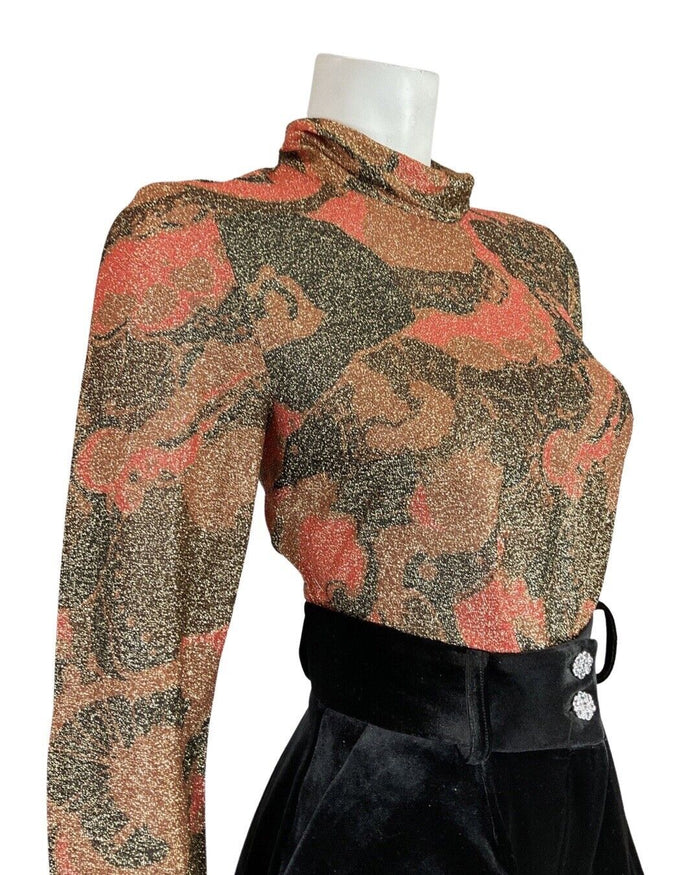 VINTAGE 60s 70s BROWN ORANGE GOLD PSYCHEDELIC TURTLENECK DISCO LUREX BLOUSE 12
