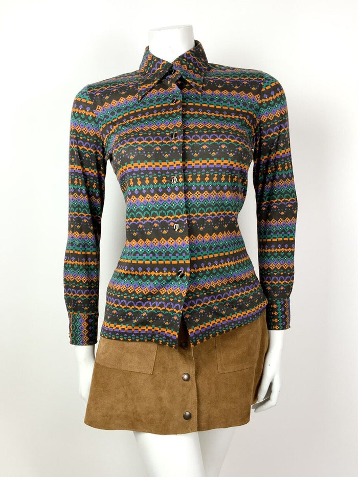 VINTAGE 60s 70s BROWN PURPLE ORANGE GREEN GEOMETRIC AZTEC DAGGER SHIRT 10 12