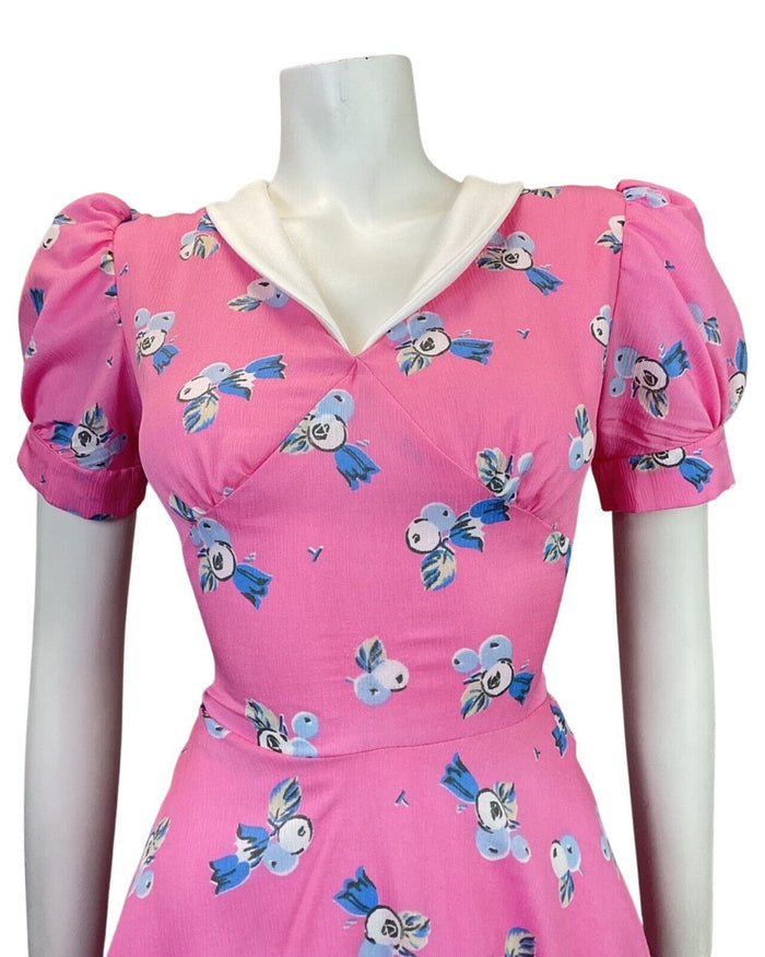 VINTAGE 60s 70s BUBBLEGUM PINK BLUE FLORAL BERRY SWING TEA DRESS 8