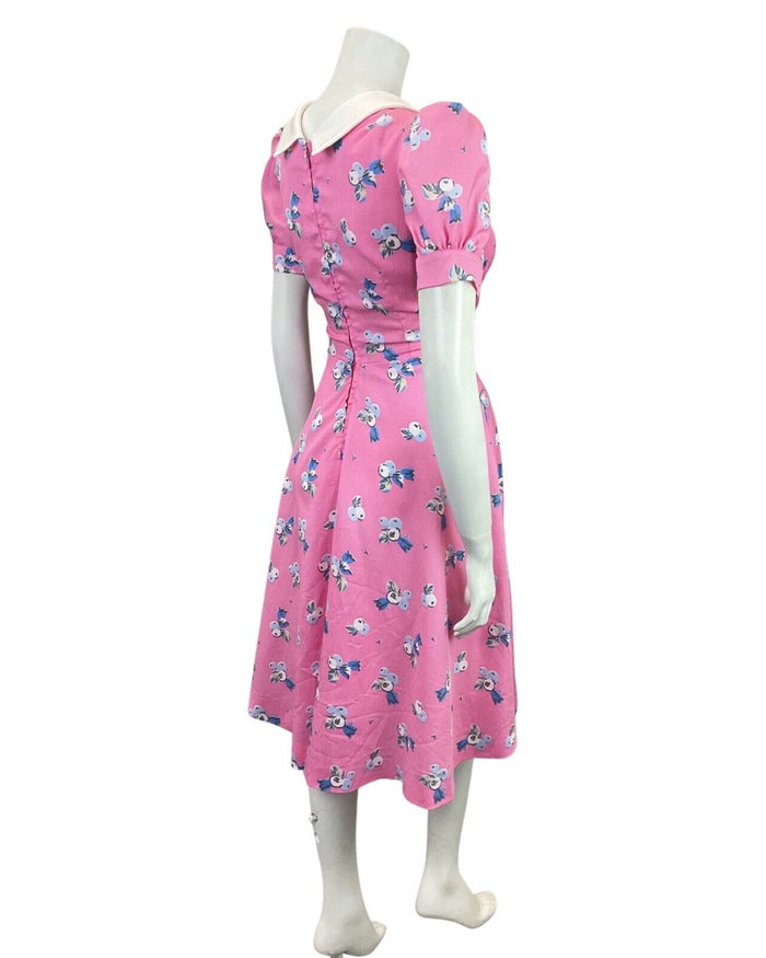 VINTAGE 60s 70s BUBBLEGUM PINK BLUE FLORAL BERRY SWING TEA DRESS 8