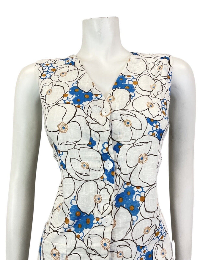 VINTAGE 60s 70s CREAM BLUE BLACK FLORAL PSYCHEDELIC MOD SLEEVELESS DRESS 8 10