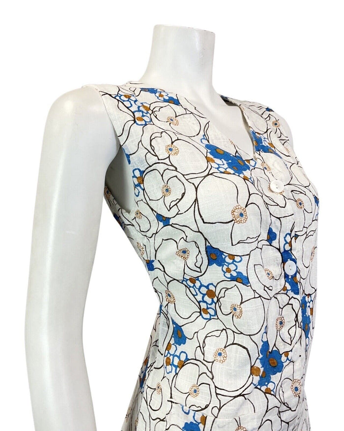 VINTAGE 60s 70s CREAM BLUE BLACK FLORAL PSYCHEDELIC MOD SLEEVELESS DRESS 8 10