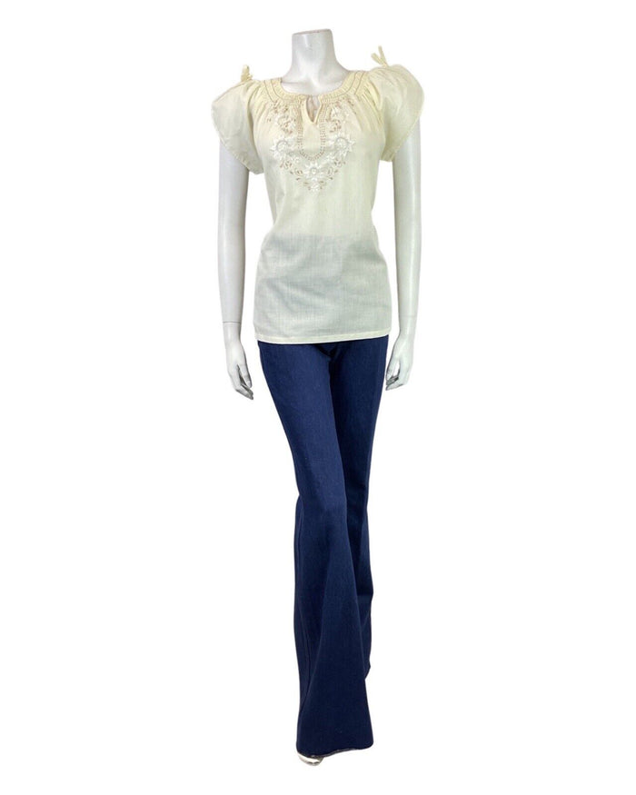VINTAGE 60s 70s CREAM YELLOW BEIGE FLORAL EMBROIDERED BOHO FOLK BLOUSE 12 14
