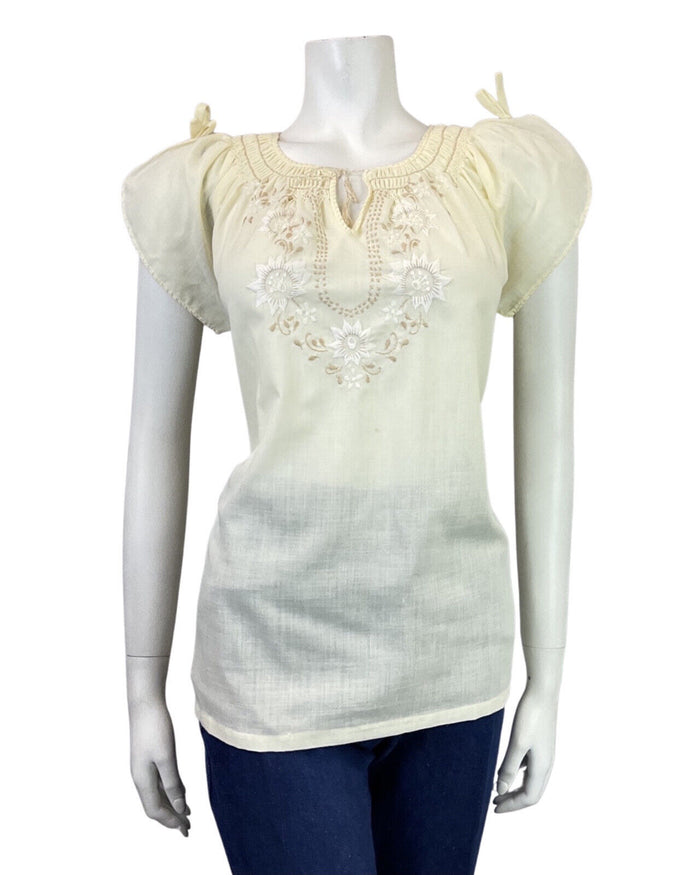 VINTAGE 60s 70s CREAM YELLOW BEIGE FLORAL EMBROIDERED BOHO FOLK BLOUSE 12 14