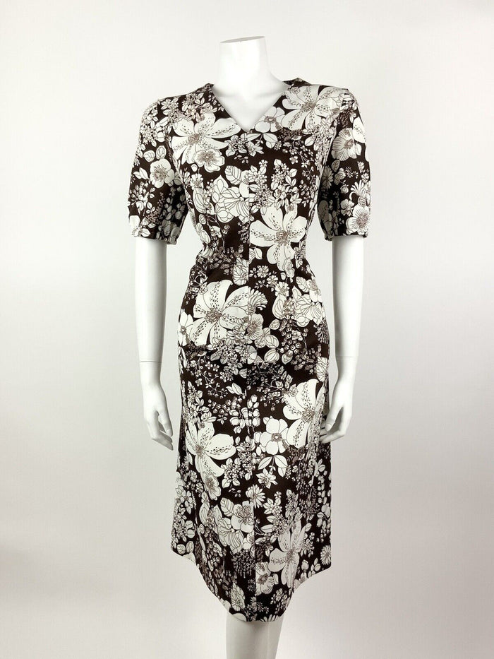 VINTAGE 60s 70s DEEP BROWN WHITE FLORAL BOTANICAL SUMMER DRESS 16 18