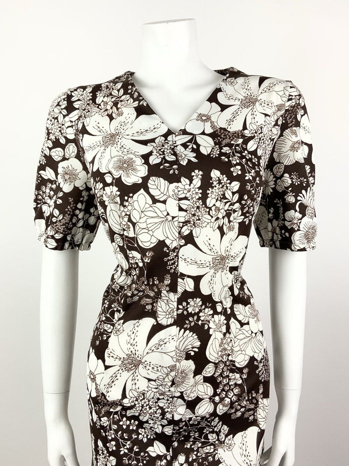 VINTAGE 60s 70s DEEP BROWN WHITE FLORAL BOTANICAL SUMMER DRESS 16 18
