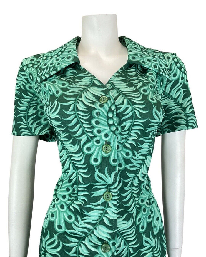 VINTAGE 60s 70s EMERALD GREEN PSYCHEDELIC MANDALA FLORAL DAGGER SHIRT DRESS 16