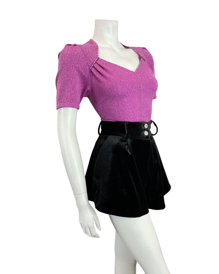 VINTAGE 60s 70s FUCHSIA PINK SILVER PARTY PEPLUM LUREX SWEETHEART BLOUSE 8 10