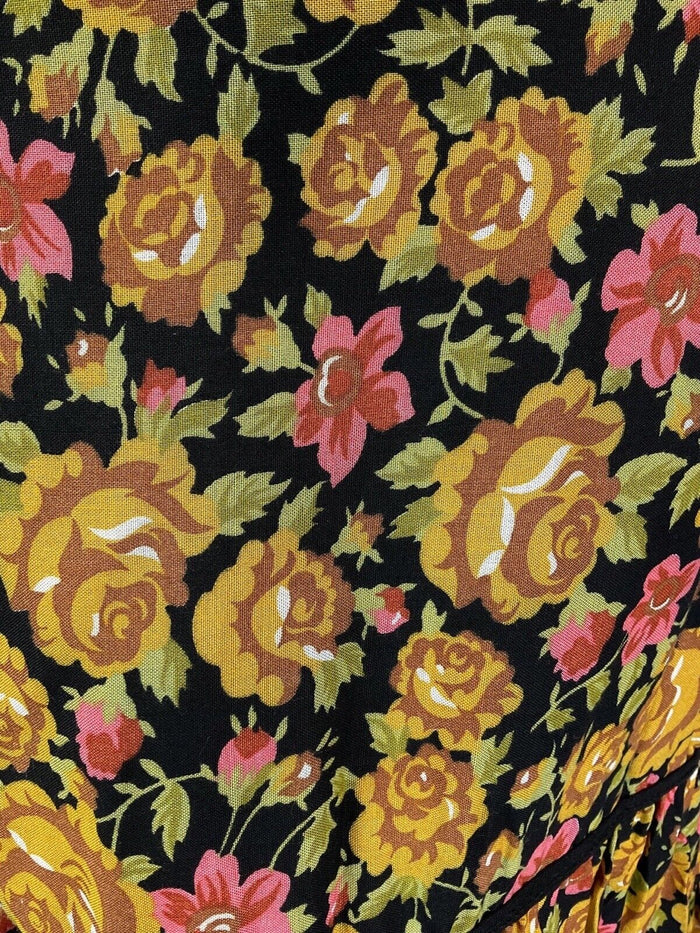 VINTAGE 60s 70s GOLD BLACK PINK FLORAL ROSE BOHO PRAIRIE LONGSLEEVE MIDI DRESS 6