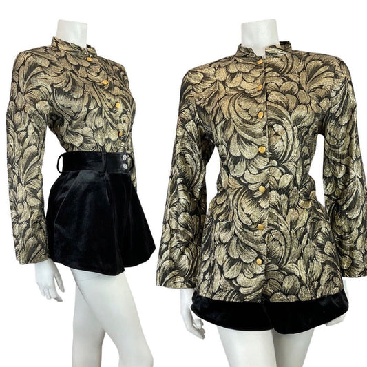 VINTAGE 60s 70s GOLD BLACK PSYCHEDELIC MANDARIN COLLAR STUDIO 54 LUREX SHIRT 14
