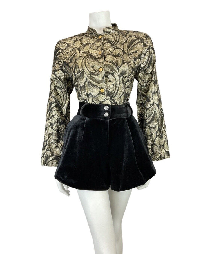 VINTAGE 60s 70s GOLD BLACK PSYCHEDELIC MANDARIN COLLAR STUDIO 54 LUREX SHIRT 14