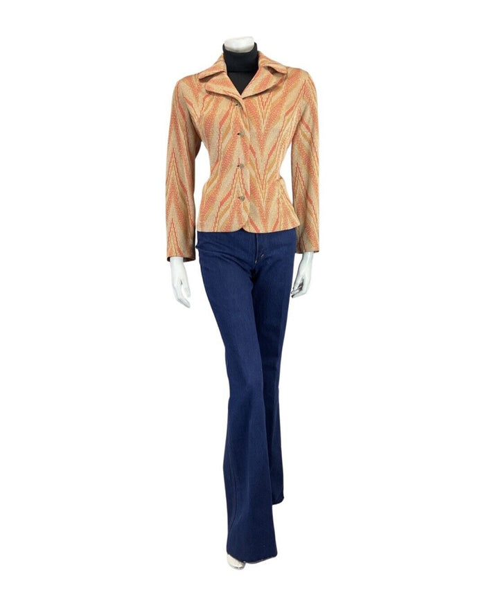 VINTAGE 60s 70s GOLD ORANGE CREAM STRIPED MOD LUREX CROPPED JACKET 14