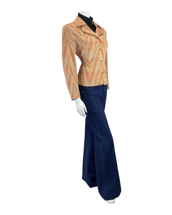 VINTAGE 60s 70s GOLD ORANGE CREAM STRIPED MOD LUREX CROPPED JACKET 14