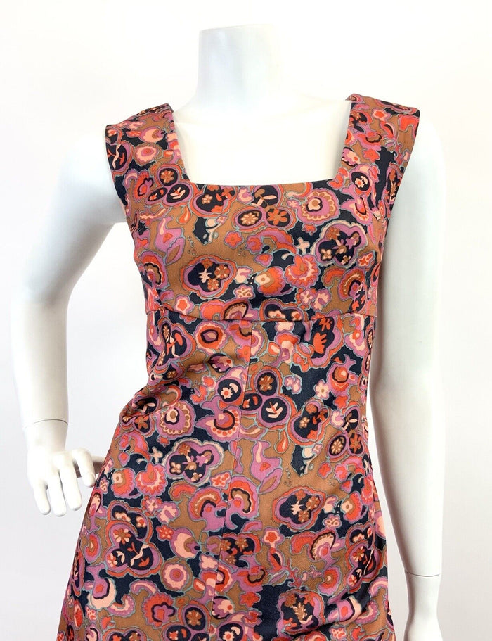 VINTAGE 60s 70s GOLD PINK BLUE PSYCHEDELIC FLORAL EMPIRE MOD MAXI DRESS 12 14