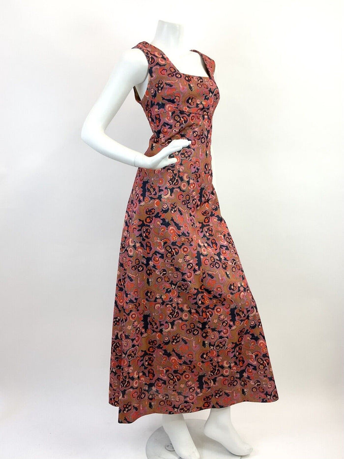 VINTAGE 60s 70s GOLD PINK BLUE PSYCHEDELIC FLORAL EMPIRE MOD MAXI DRESS 12 14