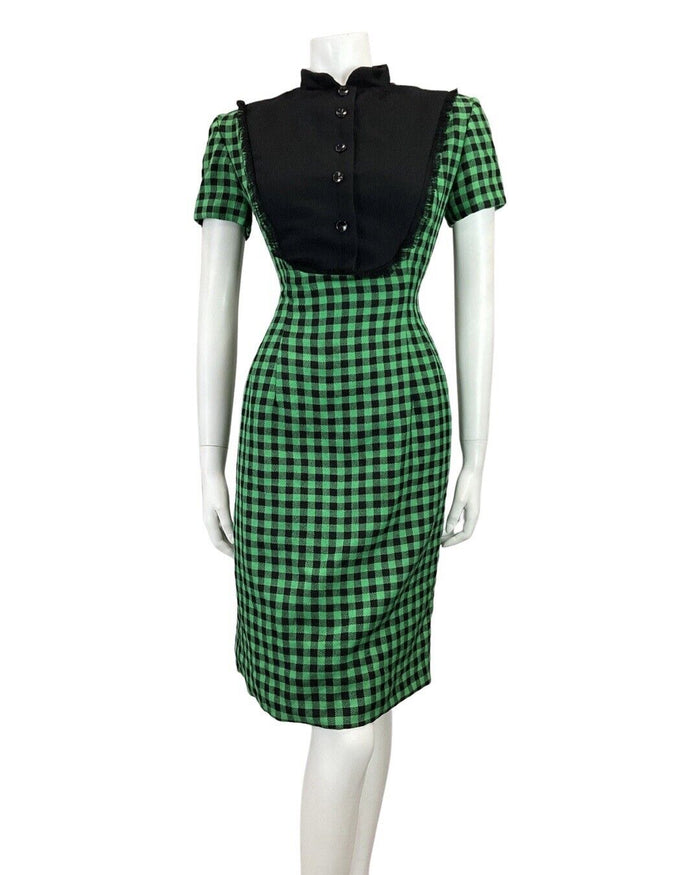 VINTAGE 60s 70s GREEN BLACK GINGHAM CHECKED MOD FITTED DRESS 8 10