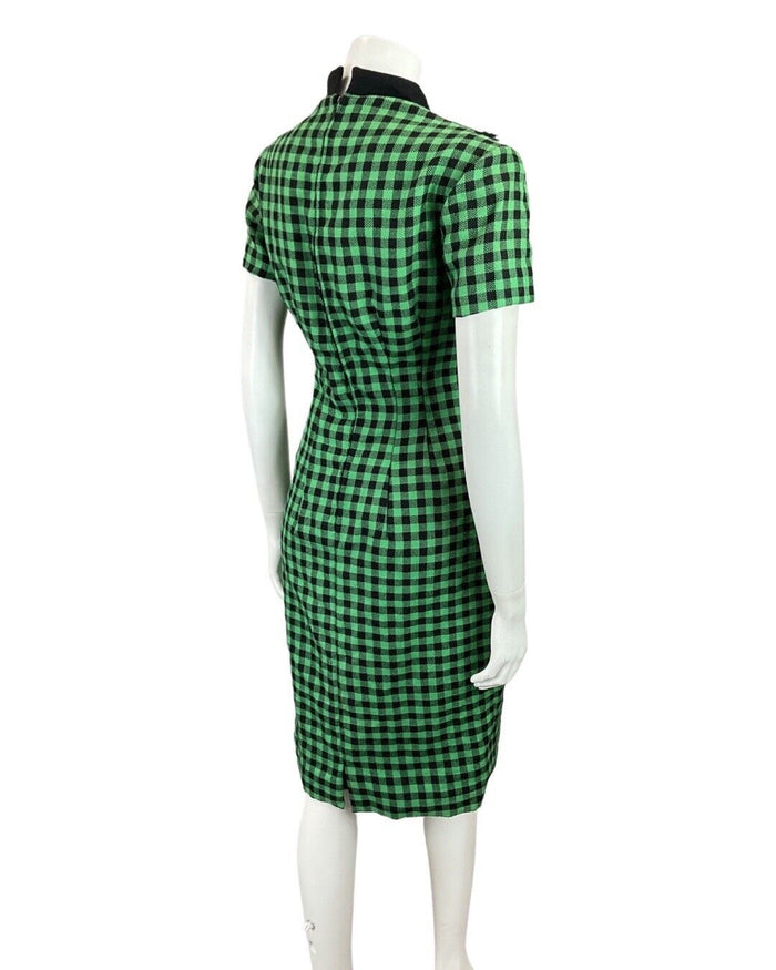 VINTAGE 60s 70s GREEN BLACK GINGHAM CHECKED MOD FITTED DRESS 8 10