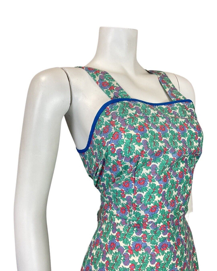 VINTAGE 60s 70s GREEN BLUE RED LEAFY FLOWER BERRY PLEATED APRON SUN DRESS 8