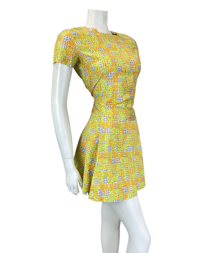 VINTAGE 60s 70s GREEN ORANGE BLUE PATCHWORK DITSY FLOWER MOD MINI DRESS 8 10