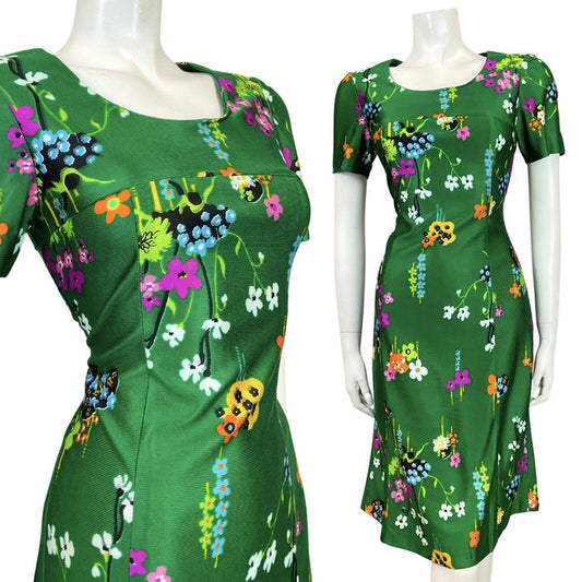 VINTAGE 60s 70s GREEN PURPLE BLACK FLORAL DAISY MOD DRESS 8 10