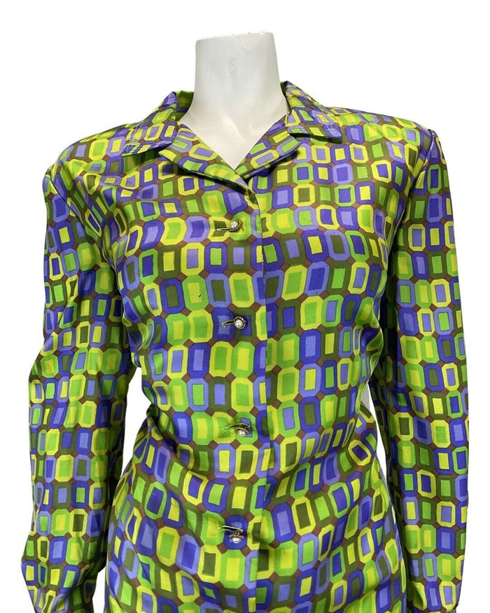 VINTAGE 60s 70s GREEN PURPLE BROWN GEOMETRIC TILED MOD SHIRT DRESS 16 18