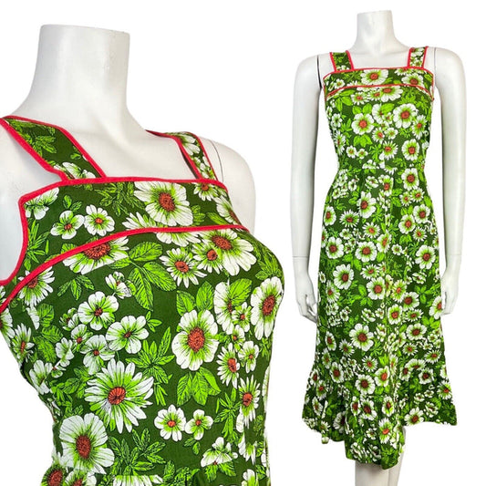VINTAGE 60s 70s GREEN RED WHITE FLORAL DAISY FLOWER SUMMER SUN DRESS 4 6