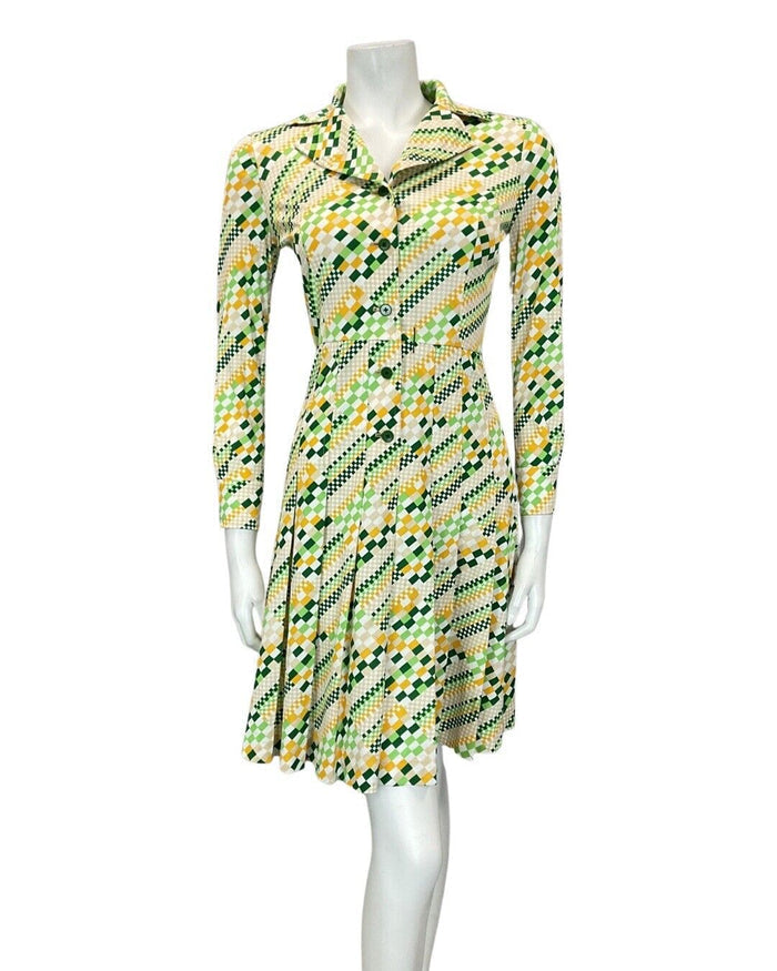 VINTAGE 60s 70s GREEN WHITE YELLOW PIXEL GEOMETRIC MOD DAGGER SHIRT DRESS 8