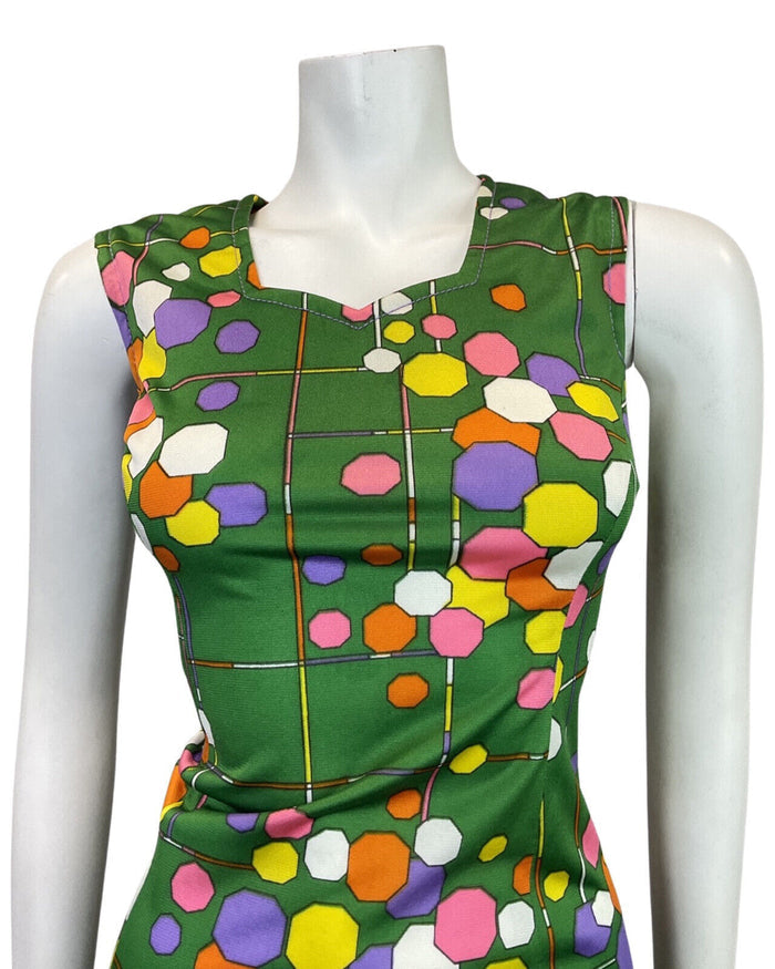 VINTAGE 60s 70s GREEN YELLOW PURPLE GEOMETRIC SLEEVELESS SUMMER DRESS 10