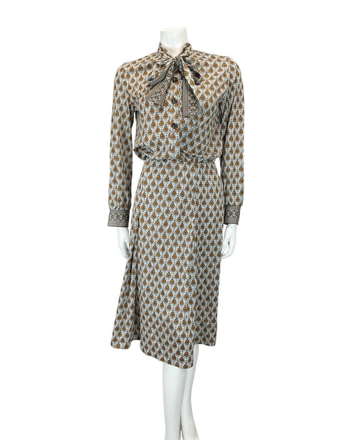 VINTAGE 60s 70s GREY ORANGE GEOMETRIC FLORAL PUSSYBOW BLOUSON SHIRT DRESS 8