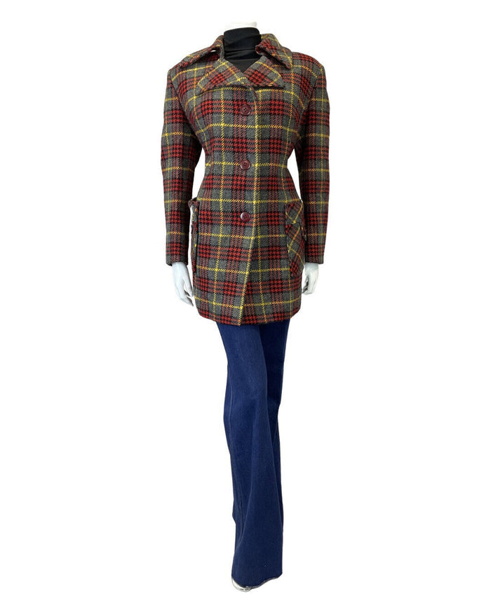 VINTAGE 60s 70s GREY RED YELLOW TARTAN CHECKED MOD WOOL COAT 14 16